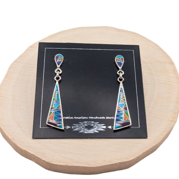 Handmade Native American Multi-Stones Dangle Earrings Sterling Silver Jewelry ** - Picture 4 of 11
